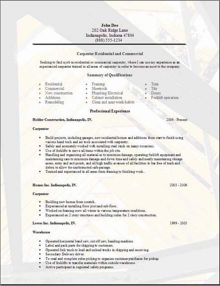 resume examples. Carpenter Resume,examples